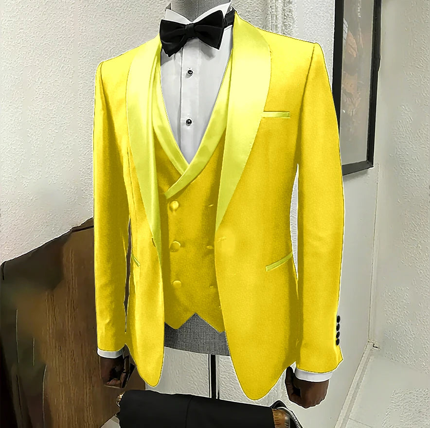 Black men’s 3-piece tuxedo with shawl lapel and one-button design, suitable for weddings, parties, and formal events by Ansoff.