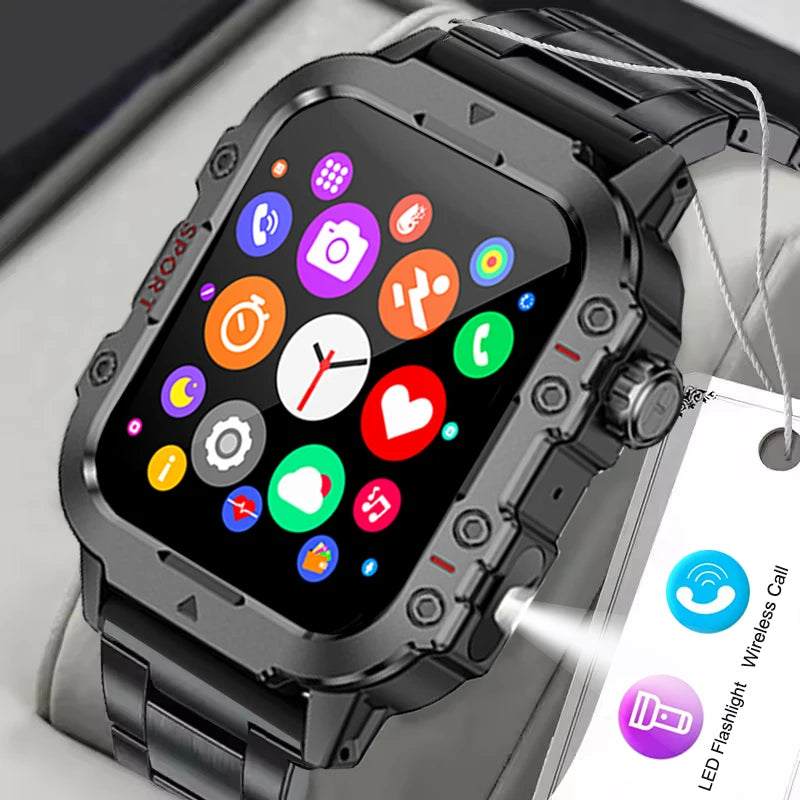 Ansoff 2025 Xiaomi military smart watch for men with 1.44-inch display, fitness tracking, IP67 waterproof, and Bluetooth calling.