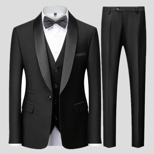 Ansoff men's black three-piece autumn wedding suit with blazer, vest, and pants, slim fit, large size, formal fashion ensemble