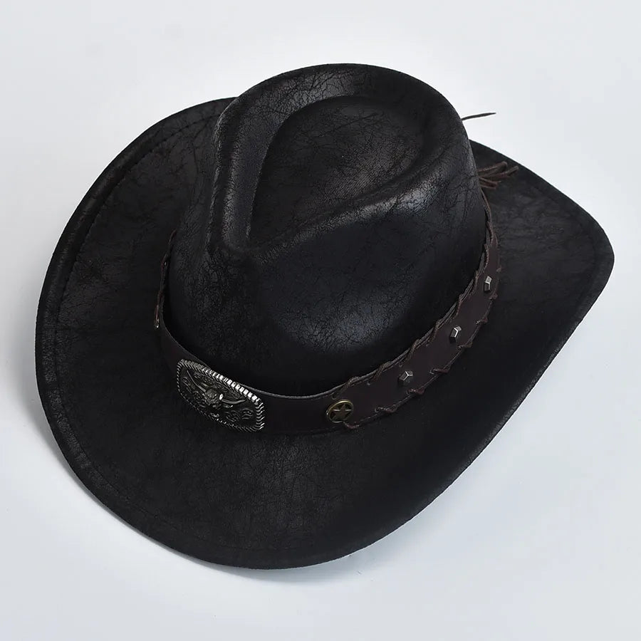 Vintage faux leather cowboy hat for men and women by Ansoff, featuring a classic western style for cowgirl or cowboy costumes.
