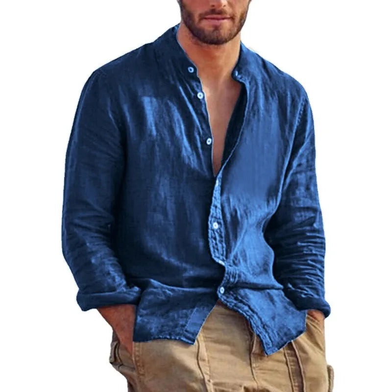 Sweatwear Men's Long Sleeve Shirt Linen Solid Color Shirts Trend Stand Collar Casual Lightweight Breathable Tops Hawaiian Shirt - Acros