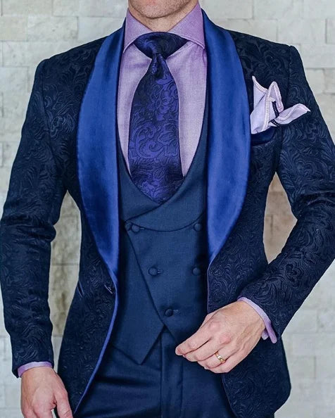 Men's black wedding tuxedo suit by Ansoff, 3-piece Italian design with coat, vest, and pants for formal groom attire.