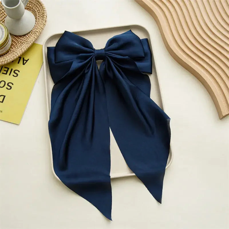 Ansoff Korean hair accessories with large satin bowknot and long ribbon, spring clamp barrette for women and girls