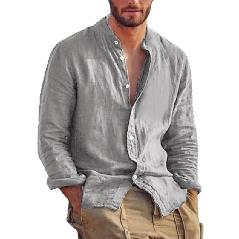 Sweatwear Men's Long Sleeve Shirt Linen Solid Color Shirts Trend Stand Collar Casual Lightweight Breathable Tops Hawaiian Shirt - Acros