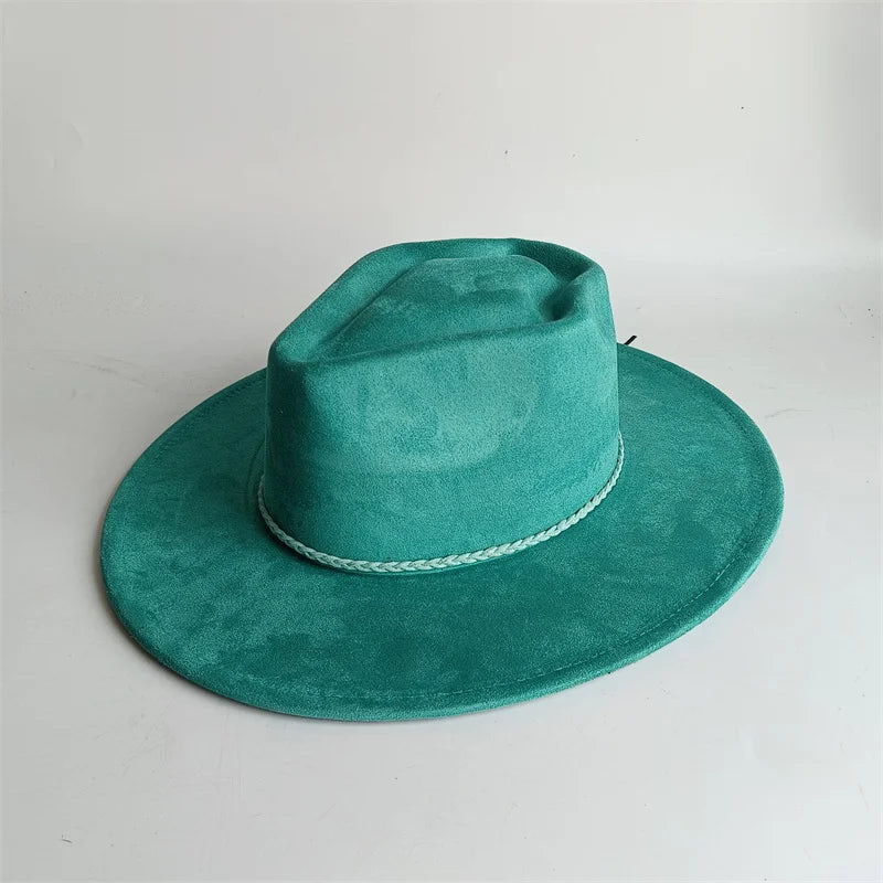 Dark turquoise suede fedora hat with heart and arrow design, stylish felt jazz hat for men and women, perfect for autumn and winter.