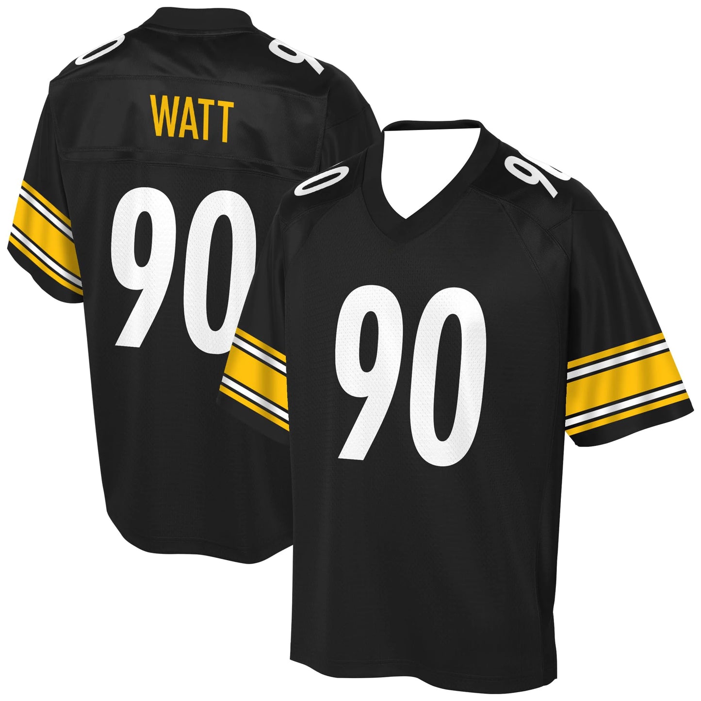 Ansoff football jersey in black with yellow and white accents, featuring striped design and 3D HD print of "Watt 90" text.