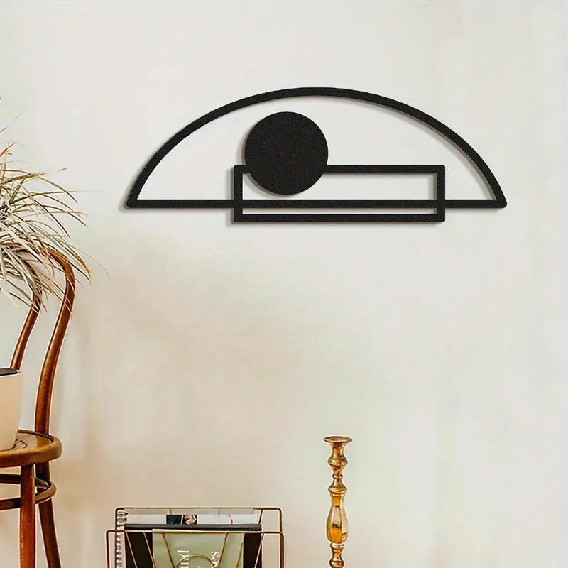 Elegant Black Metal Geometric Wall Art – Modern Vertical Abstract Decor with Circle & Rectangle Design – Ideal for Living Room