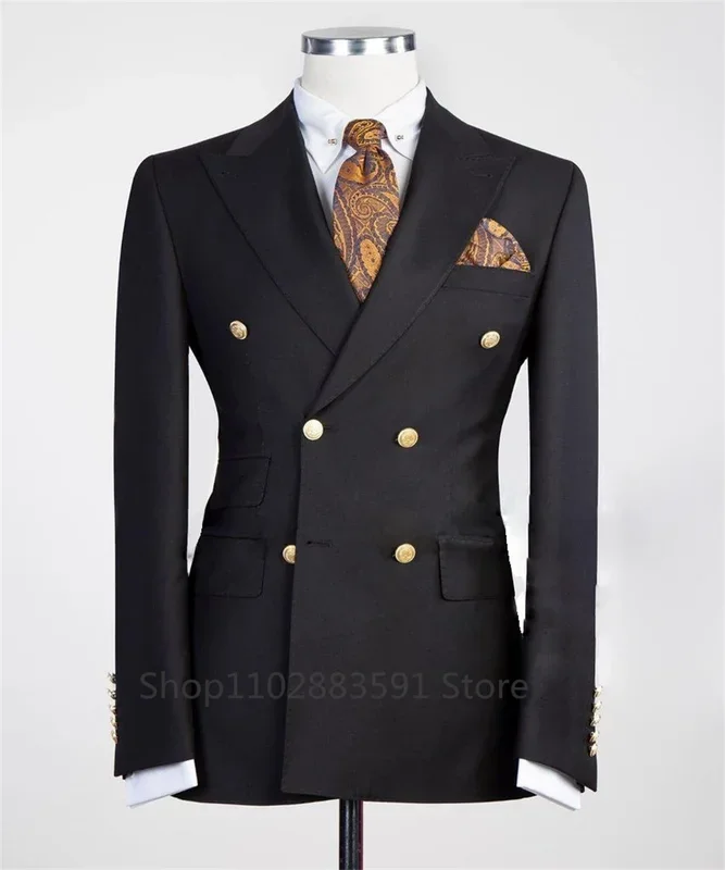 Men's slim fit wedding blazer by Ansoff with wide shawl lapel, gold button, custom-made tuxedo for groom's formal suit.