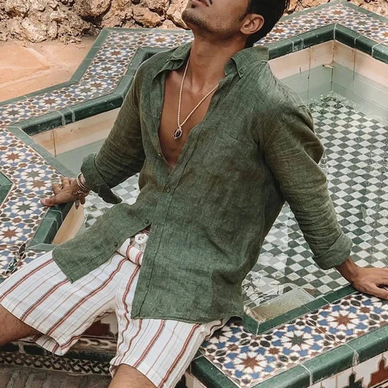 Men's long sleeve casual shirt by Ansoff featuring a loose, oversized fit, single breasted design, ideal for spring and summer.