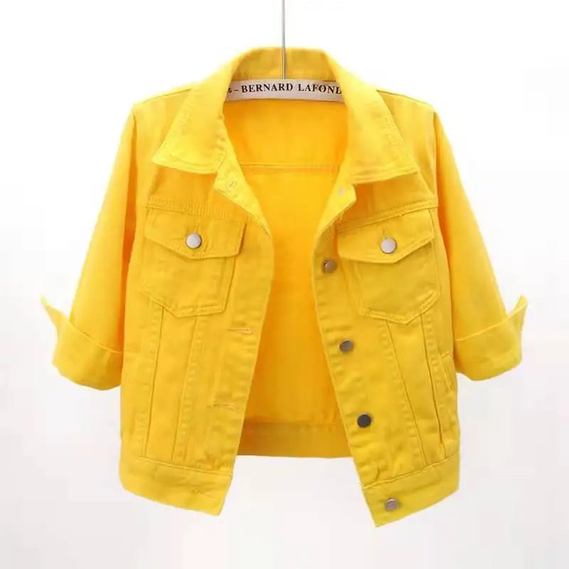 Pink women denim jacket by Ansoff, casual short coat with purple and yellow accents, perfect for spring and autumn.
