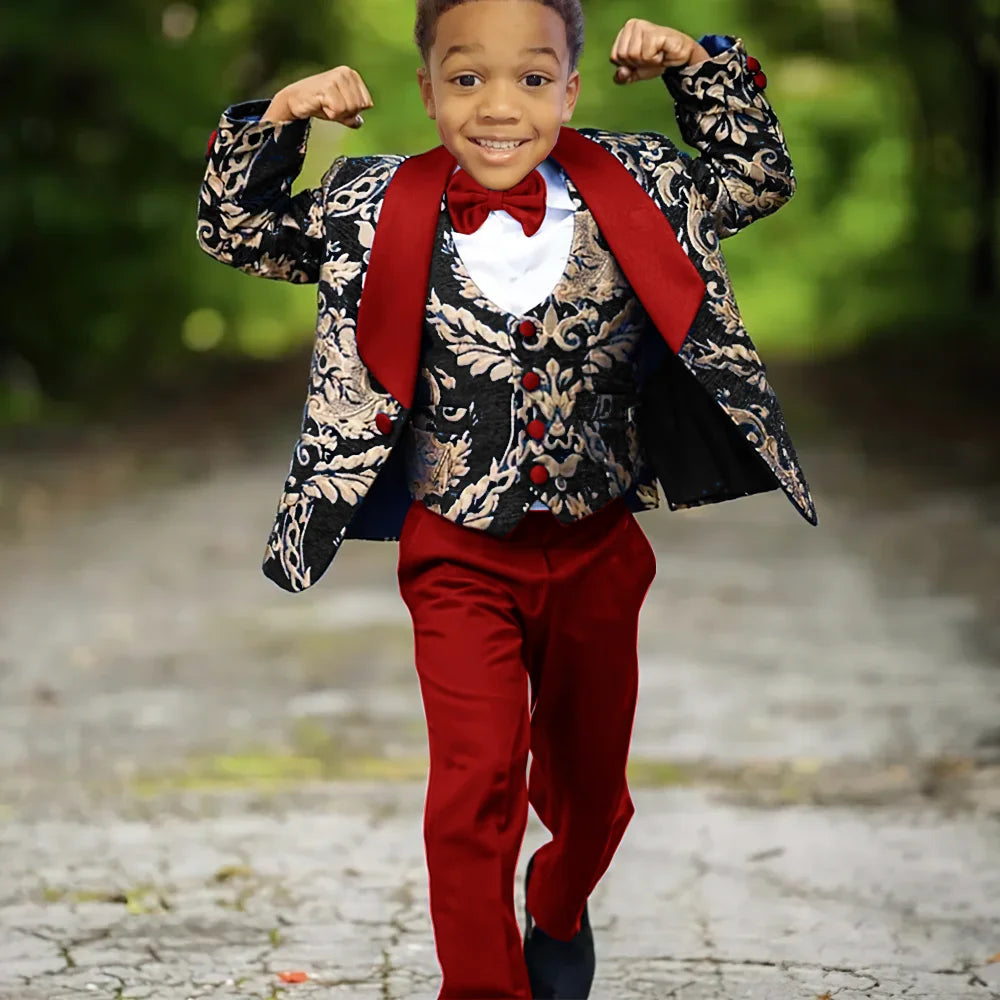 Boy's slim fit jacquard tuxedo suit with three pieces, suitable for weddings and celebrations, by Ansoff.