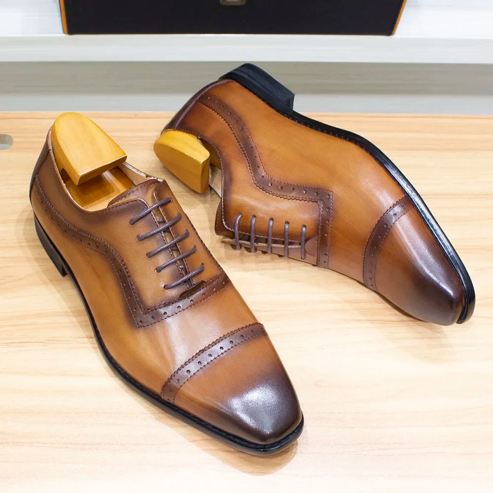 Elegant Ansoff men's Oxford shoes with brogue detailing, genuine leather, black and brown options, classic cap toe, lace-up formal footwear