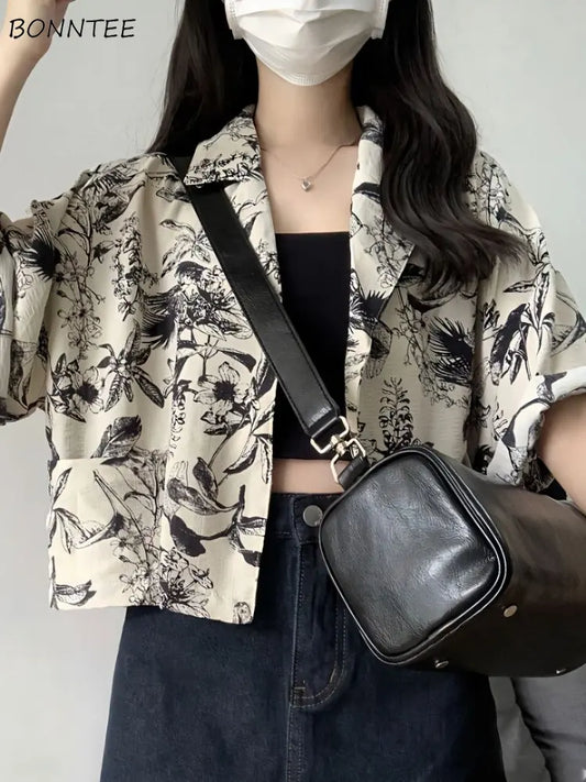 Women’s vintage French style printed shirt by Ansoff, cozy and simple summer top with creative, all-match design for daily wear.