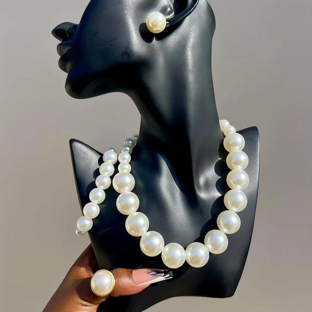 Elegant Imitation Big White Pearl Necklace Earring Jewelry Set for Women Party Wedding Pearl Accessories