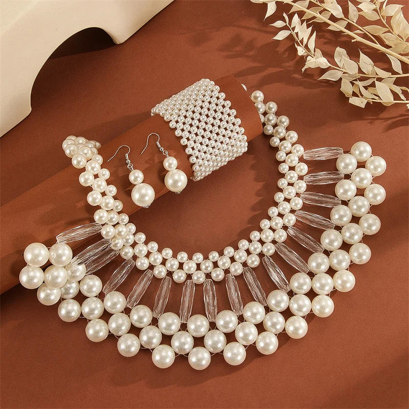 3pcs/set Multi Layer Imitation Pearl Jewelry Set Party Colorful Necklace Earrings Bracelet Set For Women African Jewelry Gifts