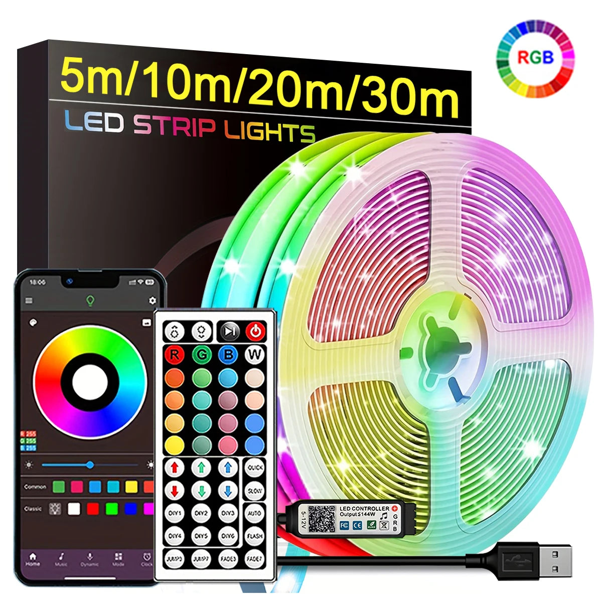RGB Led Strip Lights 5m 10m 20m 30m Led Room Light with APP Control Flexible Ribbon Luces Led Tape for Room Bedroom Decoration - Acros