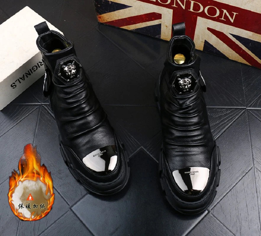 Black men's autumn winter snow boots by Ansoff, high cotton ankle boots with leather exterior, casual warm footwear for youth.