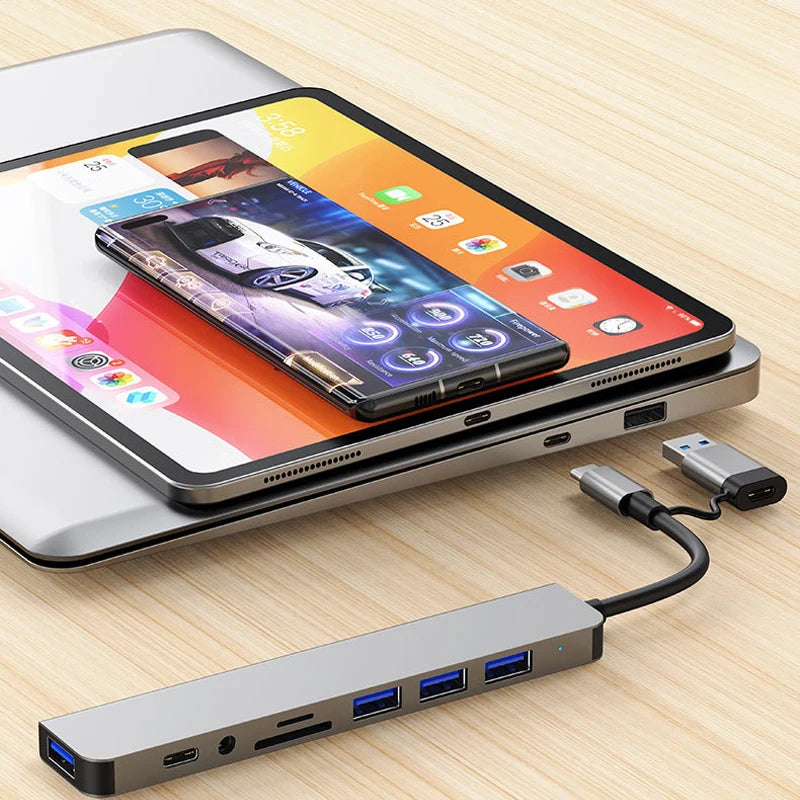Ansoff 8-in-2 USB and Type C hub docking station with 3.5mm audio jack, micro SD card reader, suitable for laptops, tablets, and phones.