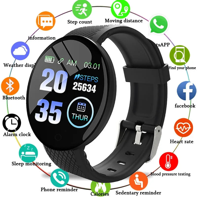 Ansoff D18 Smart Watch with heart rate monitor, round digital display, fitness tracking, black band, suitable for men and women.