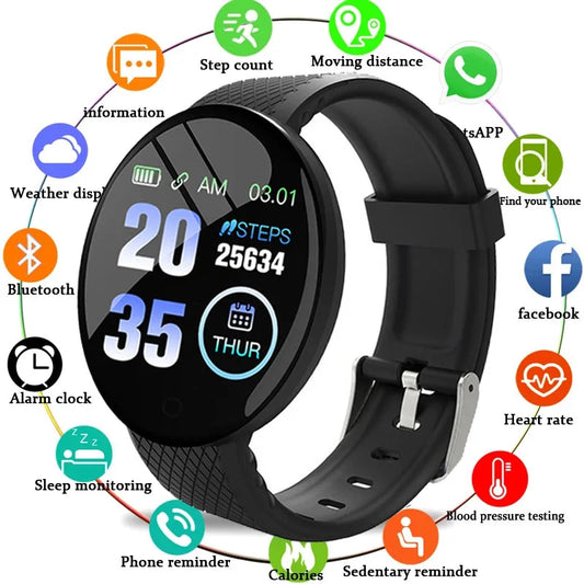 Ansoff D18 Smart Watch with heart rate monitor, round digital display, fitness tracking, black band, suitable for men and women.