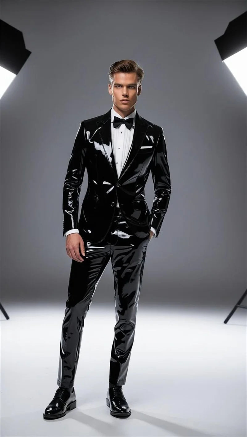 Blue PU Leather Men Suits Set 2 Piece Blazer+Pants Trousers Wedding Tuxedo Formal Office Groom Prom Jacket Business Coat