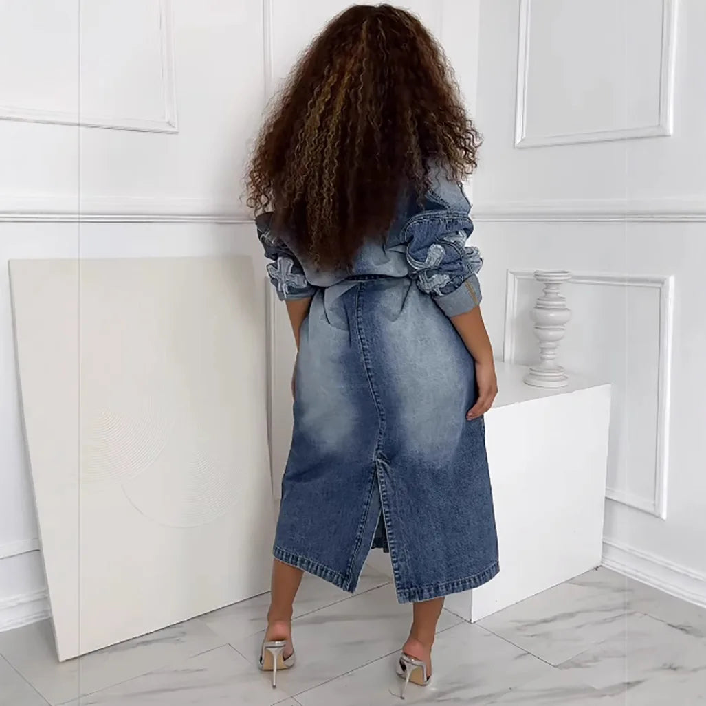 Ansoff denim luxury long jean jacket with Y2K streetwear cross embroidery, perfect for winter women’s fashion and winter cardigans