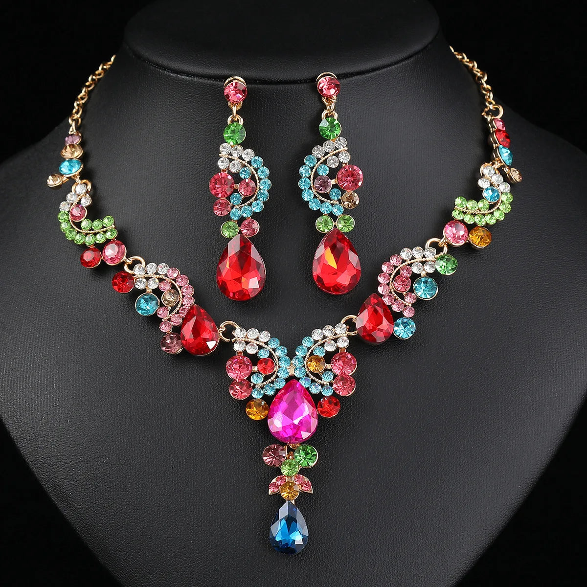2pcs/set Jewelry Sets Women Blue Elegant Waterdrop Rhinestone Pendant Necklace stud Earrings Wedding Dress Bridal Jewelry Set