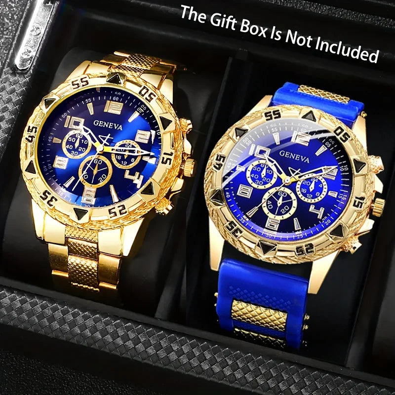 [Vintage Watch Set] 2pcs Men's Quartz Watch Set | Stainless Steel | Casual Watch | Business Watch | Silicone watch - Acros