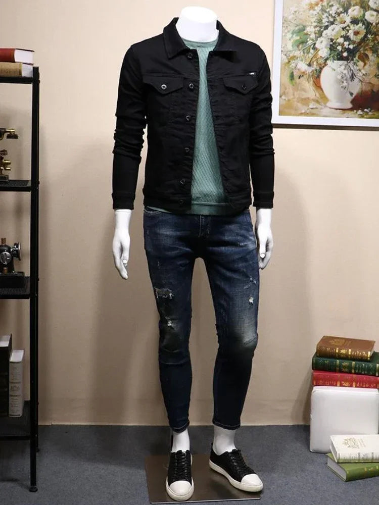 Ansoff men's black denim jacket with button closure, slim fit style, suitable for autumn and winter wear, high-quality outerwear.