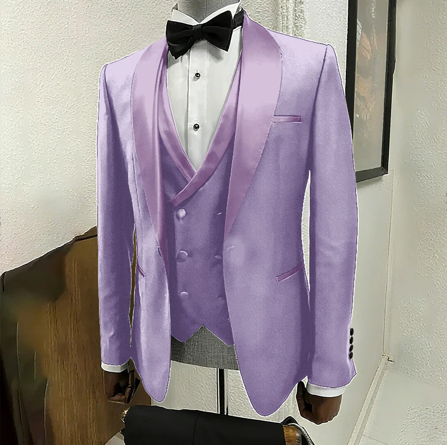 Men's black 3-piece tuxedo by Ansoff featuring shawl lapel, one-button jacket, suitable for wedding, formal, and party occasions.