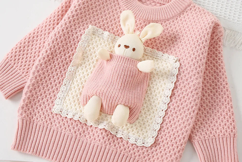 Children's Clothing Sets Bunny Embellished Knitted Top + Pleated Skirt Winter Baby Girl Clothes Kids Knitwear Sweater