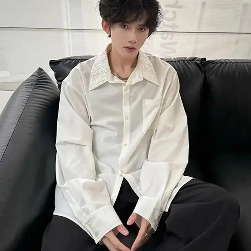 Men's satin shirt with embellished collar by Ansoff, shown in black with detailed embroidery on the collar.