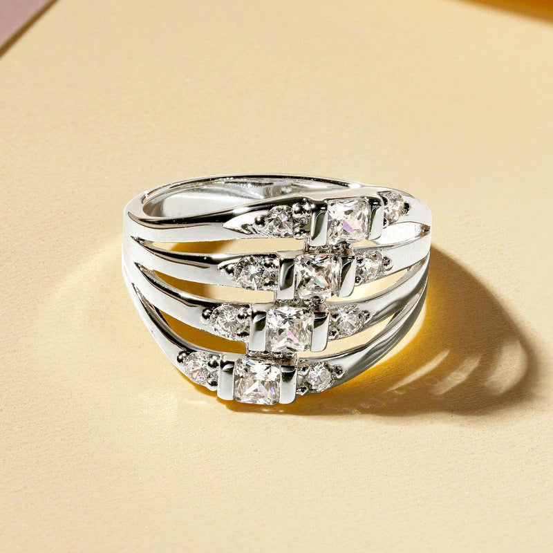 Rrjzz Luxury 14k Gold Plated Gemstone Ring Bagguete Radiand Cut CZ Simulated Diamond Rings for Women Men Finger Jewelry Gifts