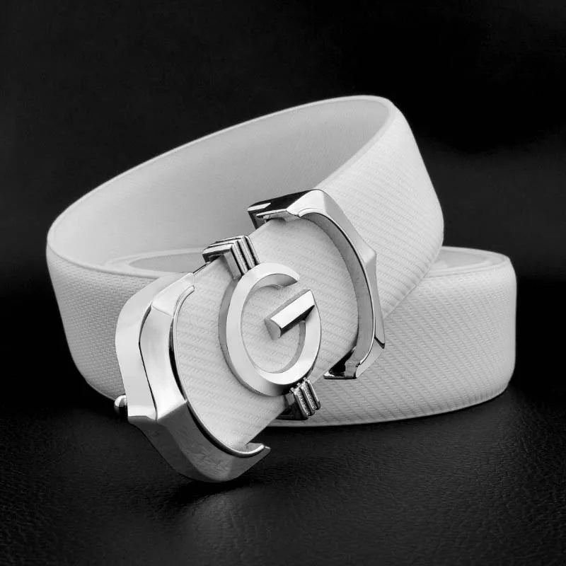 Ansoff men's genuine leather designer belt with white waist strap, luxury cowhide leather, casual fashion accessory for men.