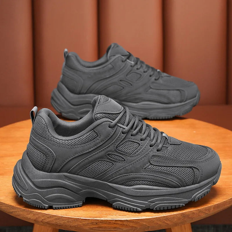 Men's black Ansoff running shoes with anti-slip platform soles, casual sporty design, wear-resistant outdoor sneakers for men.