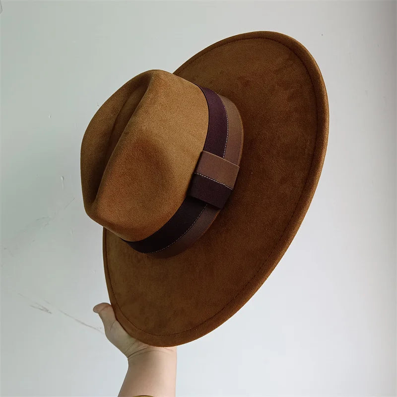 Colorblock ribbon colorful suede felt hat with wide brim, suitable for women and men, in British retro style for autumn and winter.