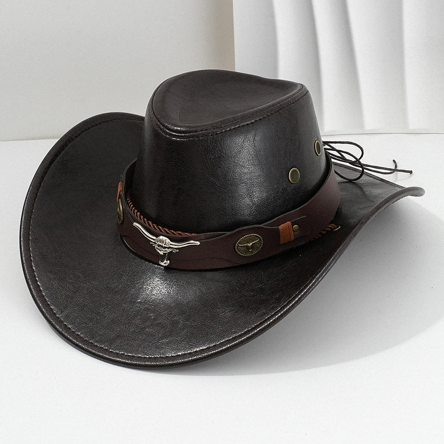 Unisex vintage faux leather Western cowboy hat with wide brim, outdoor cowboy and cowgirl style, by Ansoff