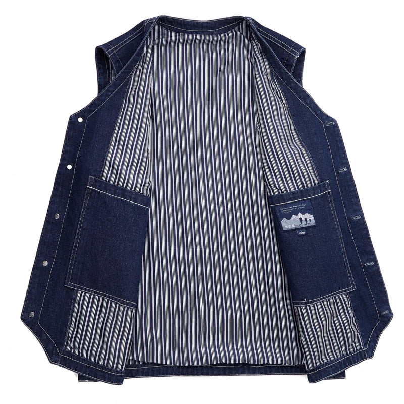 Blue men's denim jean vest with multiple pockets, sleeveless cargo style outerwear by Ansoff, featuring a retro motorcycle-inspired design.