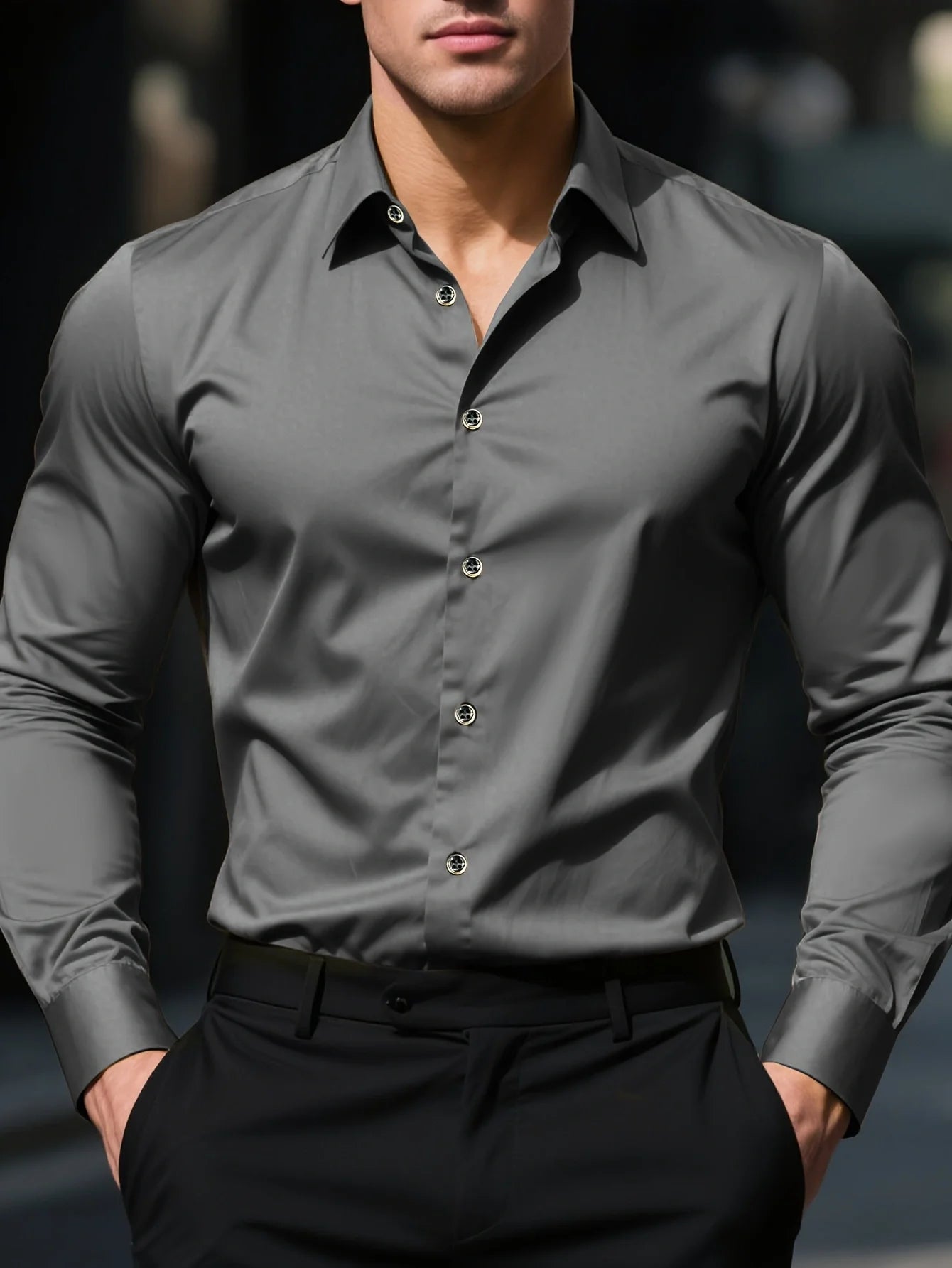 Ansoff men's long sleeve solid color casual shirt, elastic fabric, suitable for four seasons, smart business style.