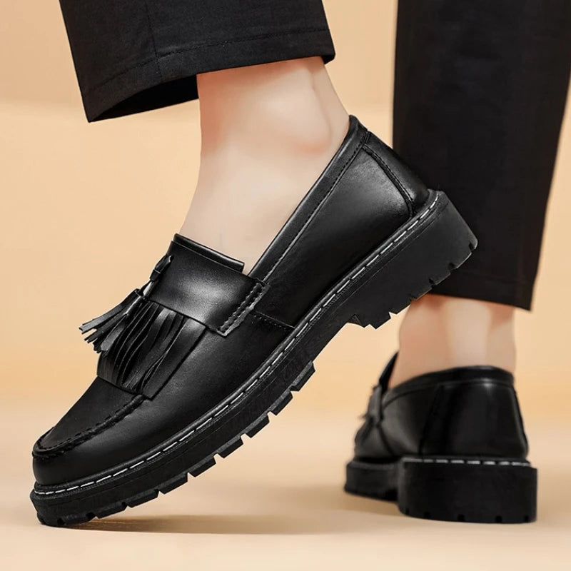 Ansoff men's leather slip-on shoes with round toe, shallow opening, soft high-quality formal business footwear in large sizes.
