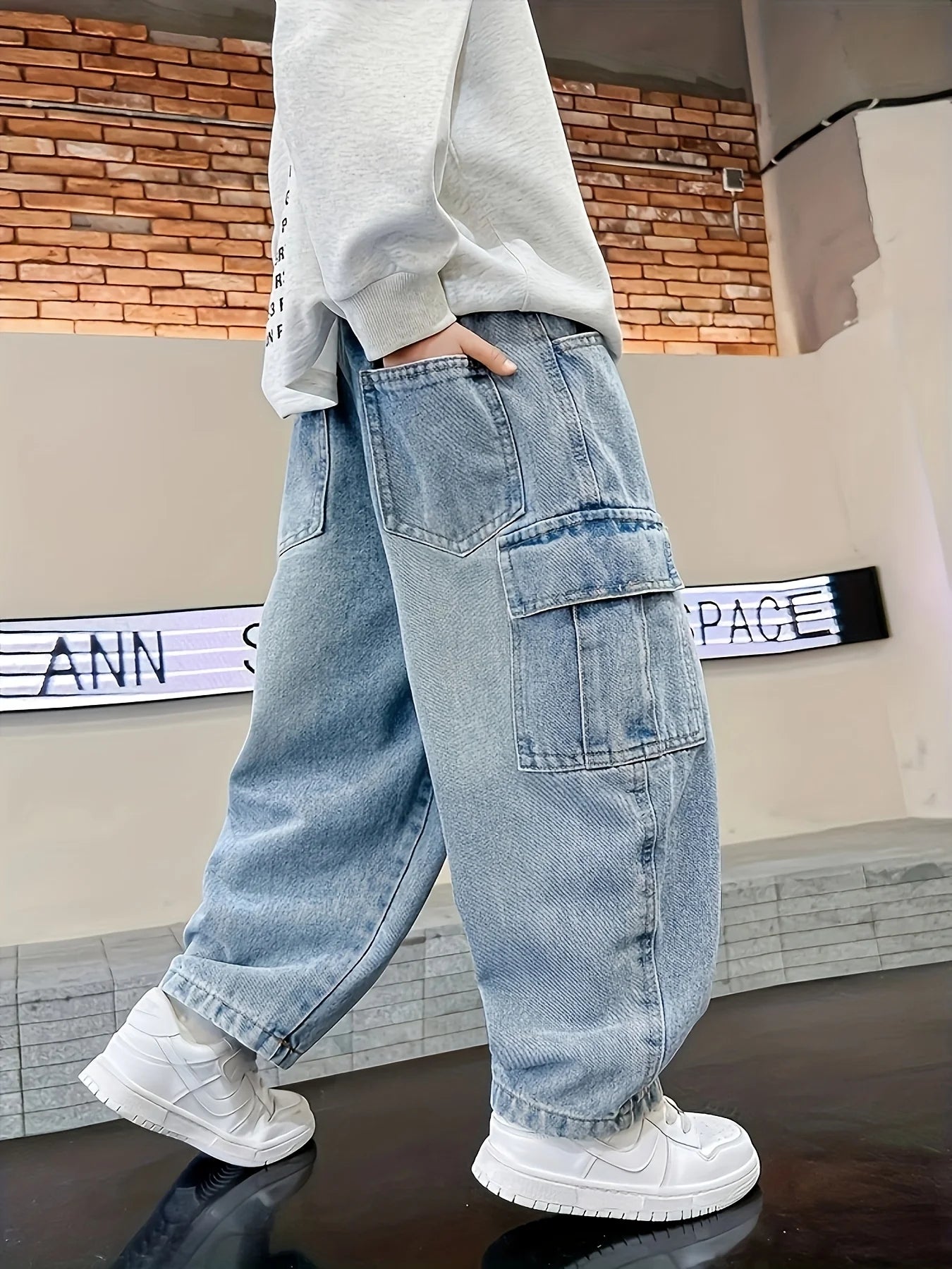 Boy's large-sized casual street-style jeans by Ansoff, straight-leg fit, four-season comfortable workwear denim.
