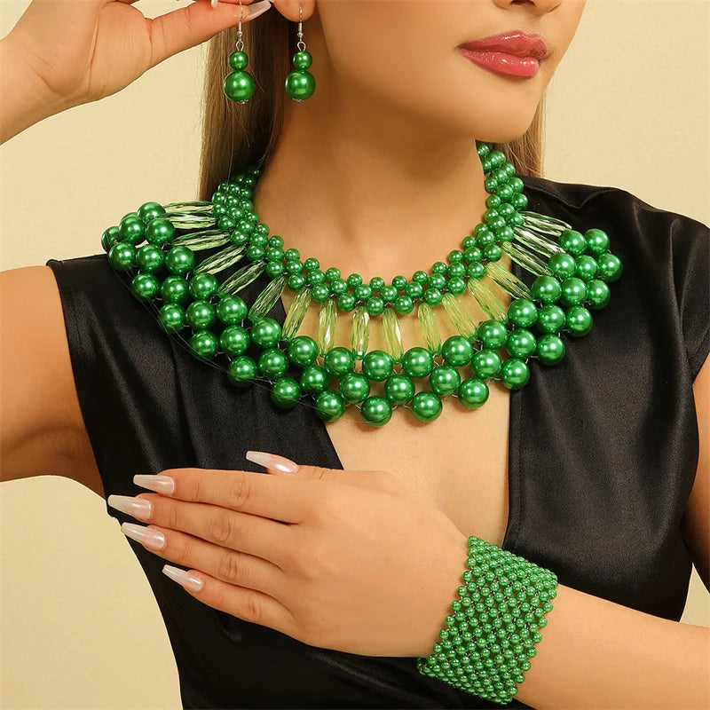 3pcs/set Multi Layer Imitation Pearl Jewelry Set Party Colorful Necklace Earrings Bracelet Set For Women African Jewelry Gifts