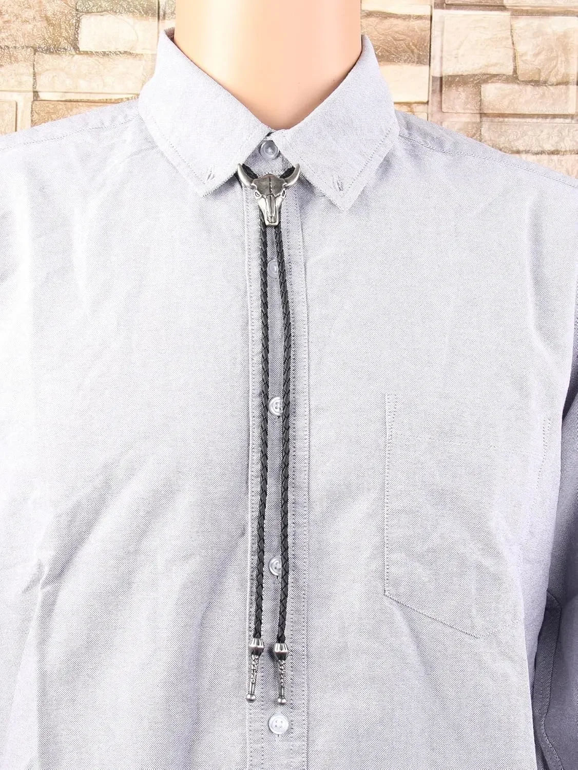 Adjustable cowboy bolo tie with bull head pendant, five-star western design, faux leather neck strap, suitable for rodeo dance attire.