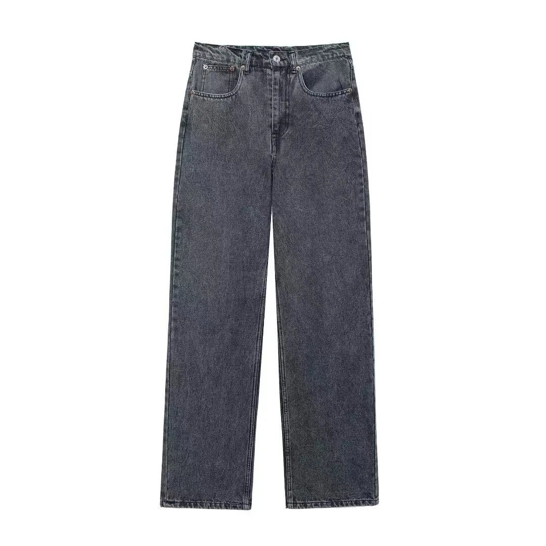 Ansoff women's denim jeans featuring straight wide-leg style, high waist, casual streetwear design, with splice details.