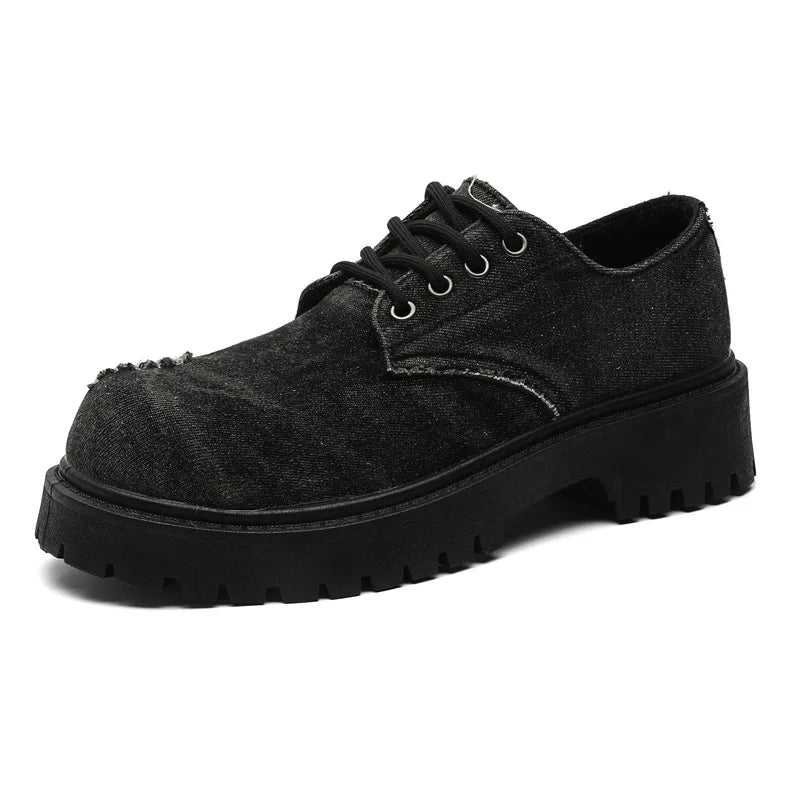 Men's distressed denim derby shoes by Ansoff with chunky grunge platform soles and bulky toe for trendy streetwear fashion.