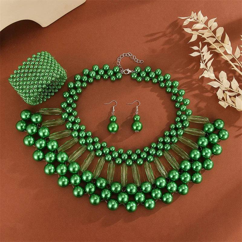 3pcs/set Multi Layer Imitation Pearl Jewelry Set Party Colorful Necklace Earrings Bracelet Set For Women African Jewelry Gifts