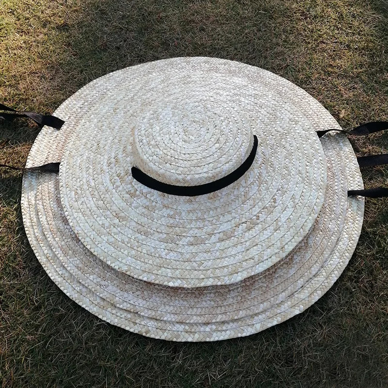 Summer Big Natural Straw Hats For Women Handmand Wide Brim Beach Visor Caps Elegant Flat Top Long Ribbon Lace-Up Sun Hat