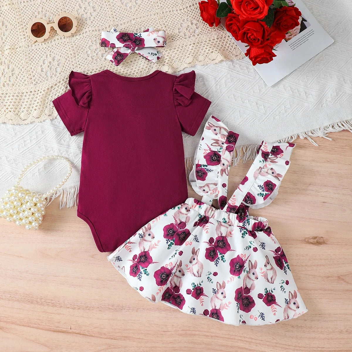 Baby girl summer set by Ansoff with solid color jumpsuit, rabbit-printed shoulder strap skirt, and matching headband for 0-18 months