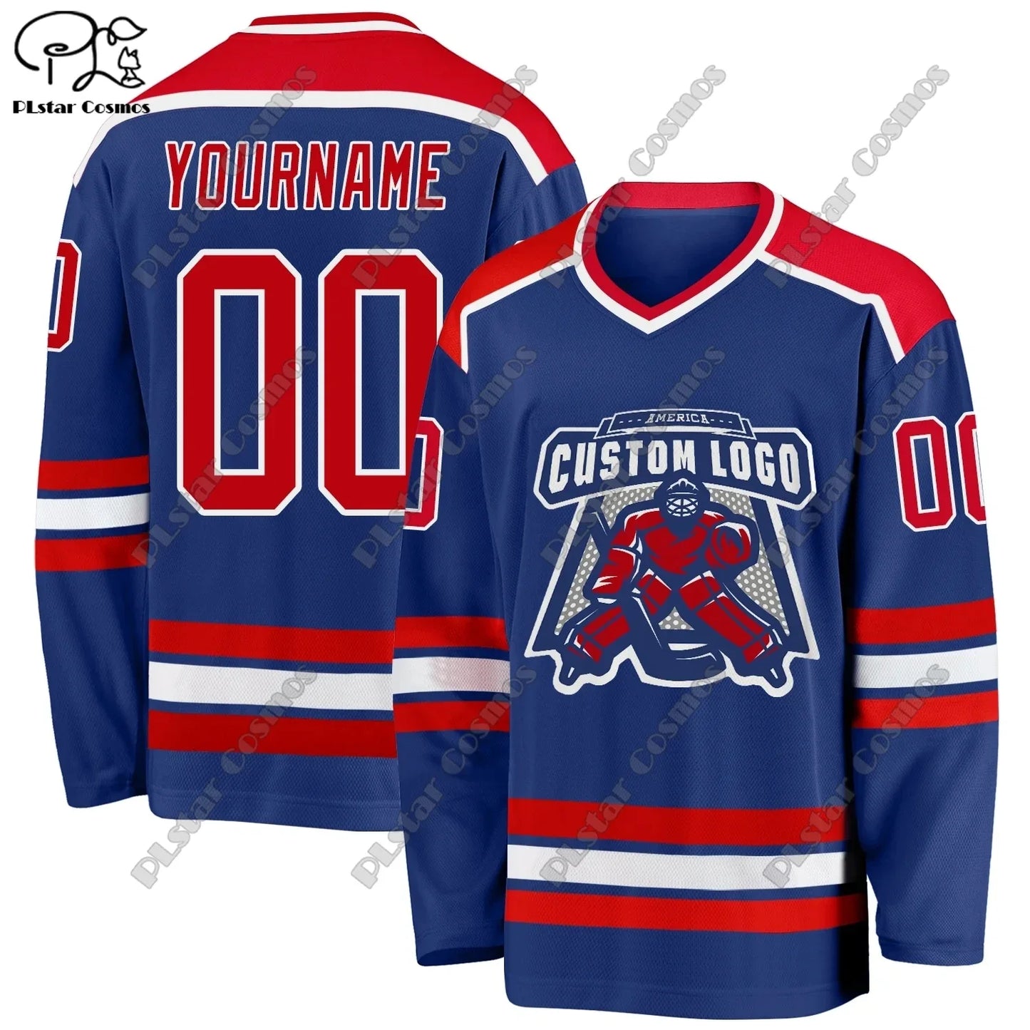Colorful Ansoff hockey jersey with V-neck, long sleeves, personalized 3D printed design, casual sweatshirt style.
