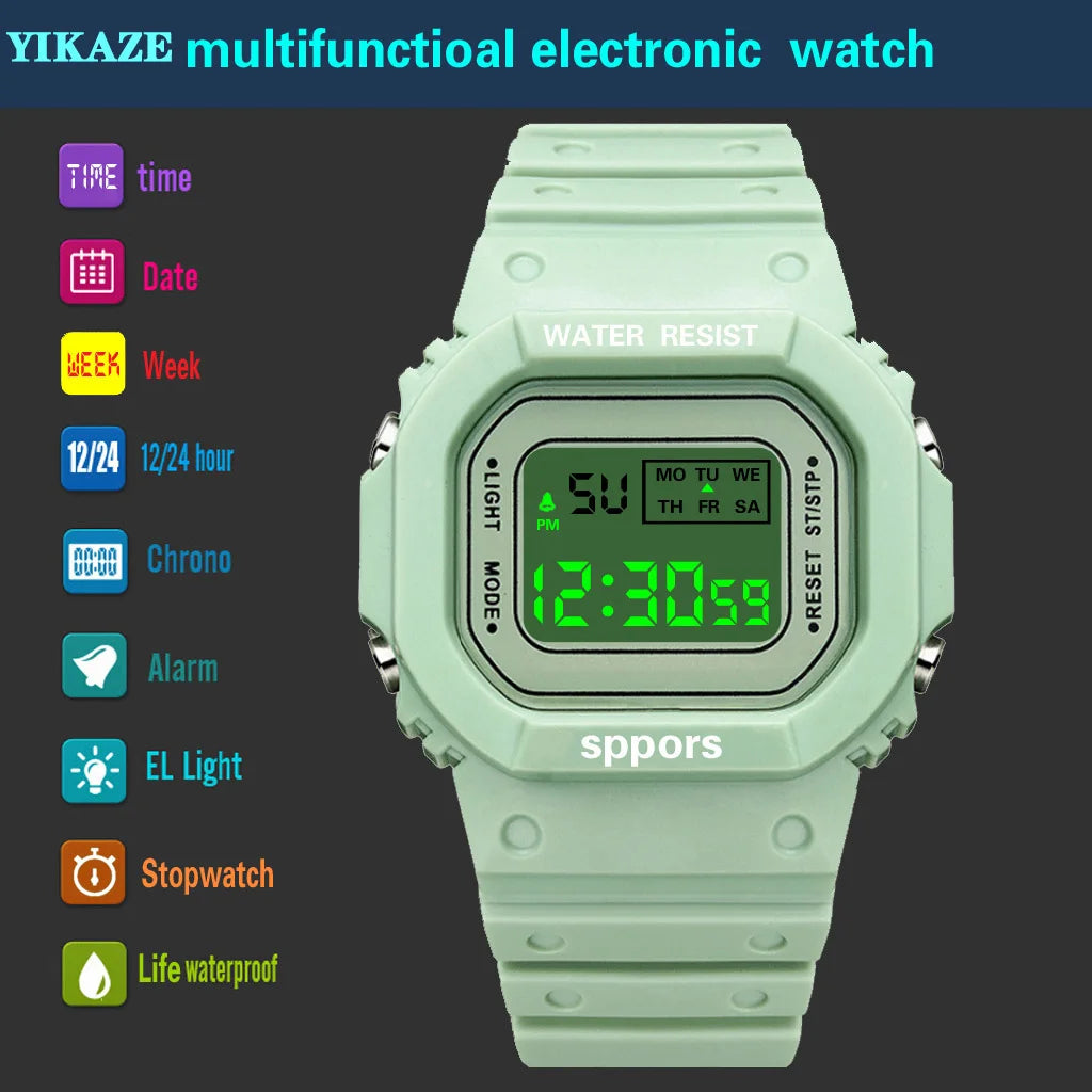 YIKAZE Sports Watch Boys Girls Student LED Electronic Watch Colorful Men Women Square Digital Watches Waterproof Rubber Clock - Acros